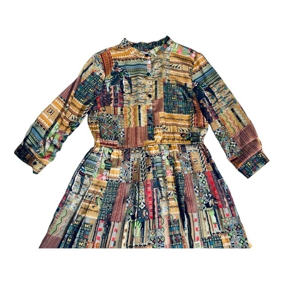 Vintage Style Boho Patchwork Midi Dress Long Sleeve L - Picture 8 of 16